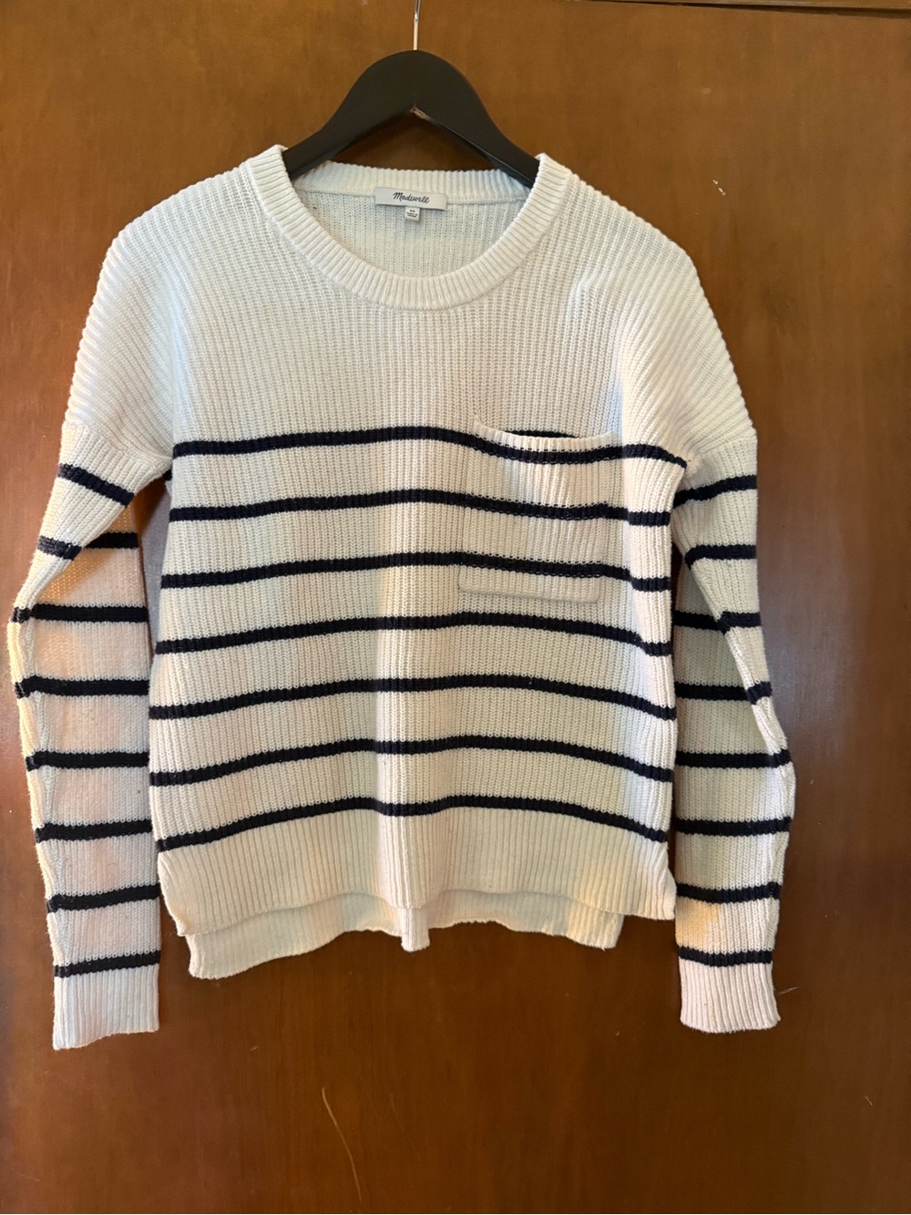 Madewell Cream Crewneck Sweater with Navy Stripes